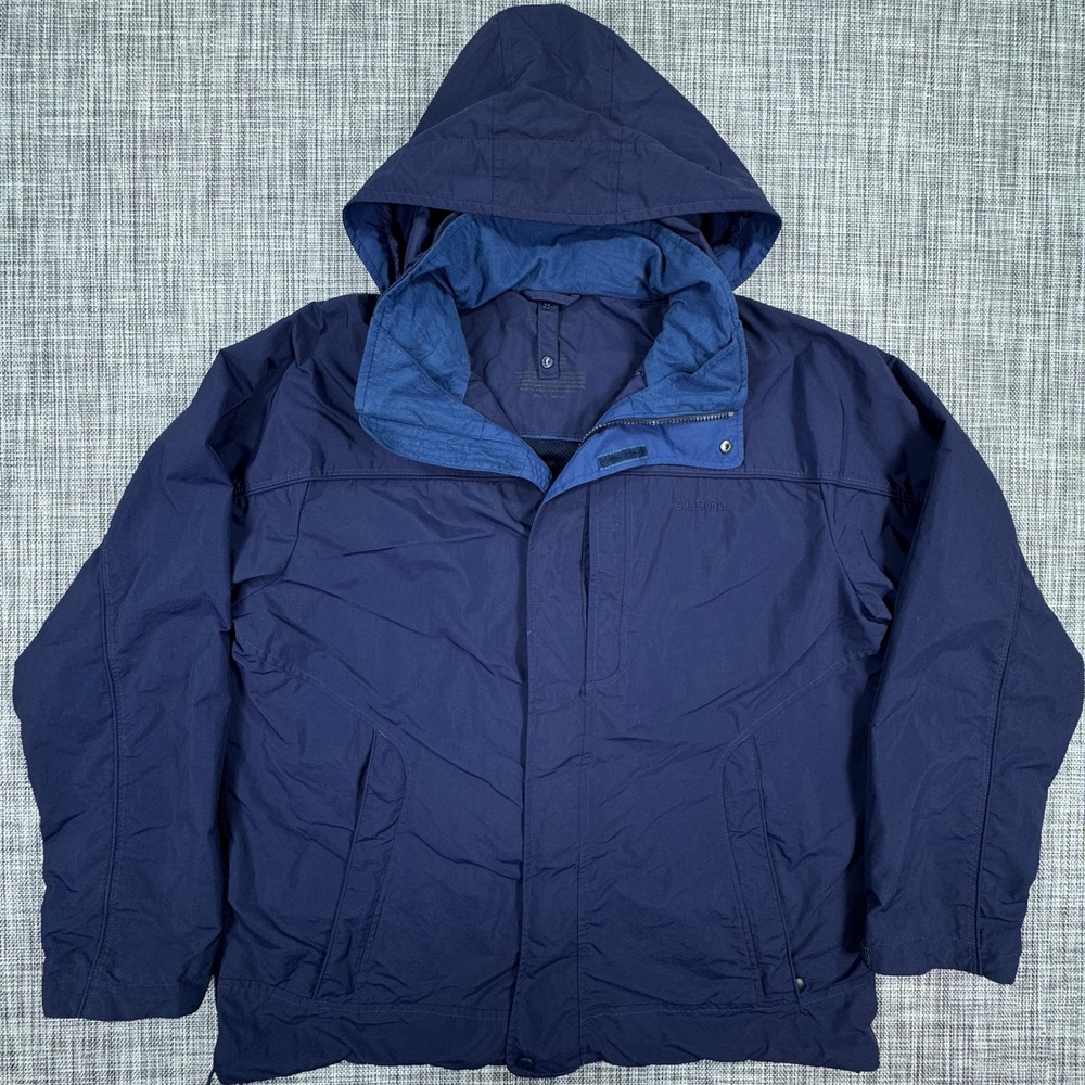 LL Bean Mens Approx Large Navy Blue Hooded Full Zip Jacket Mesh Lined Pockets